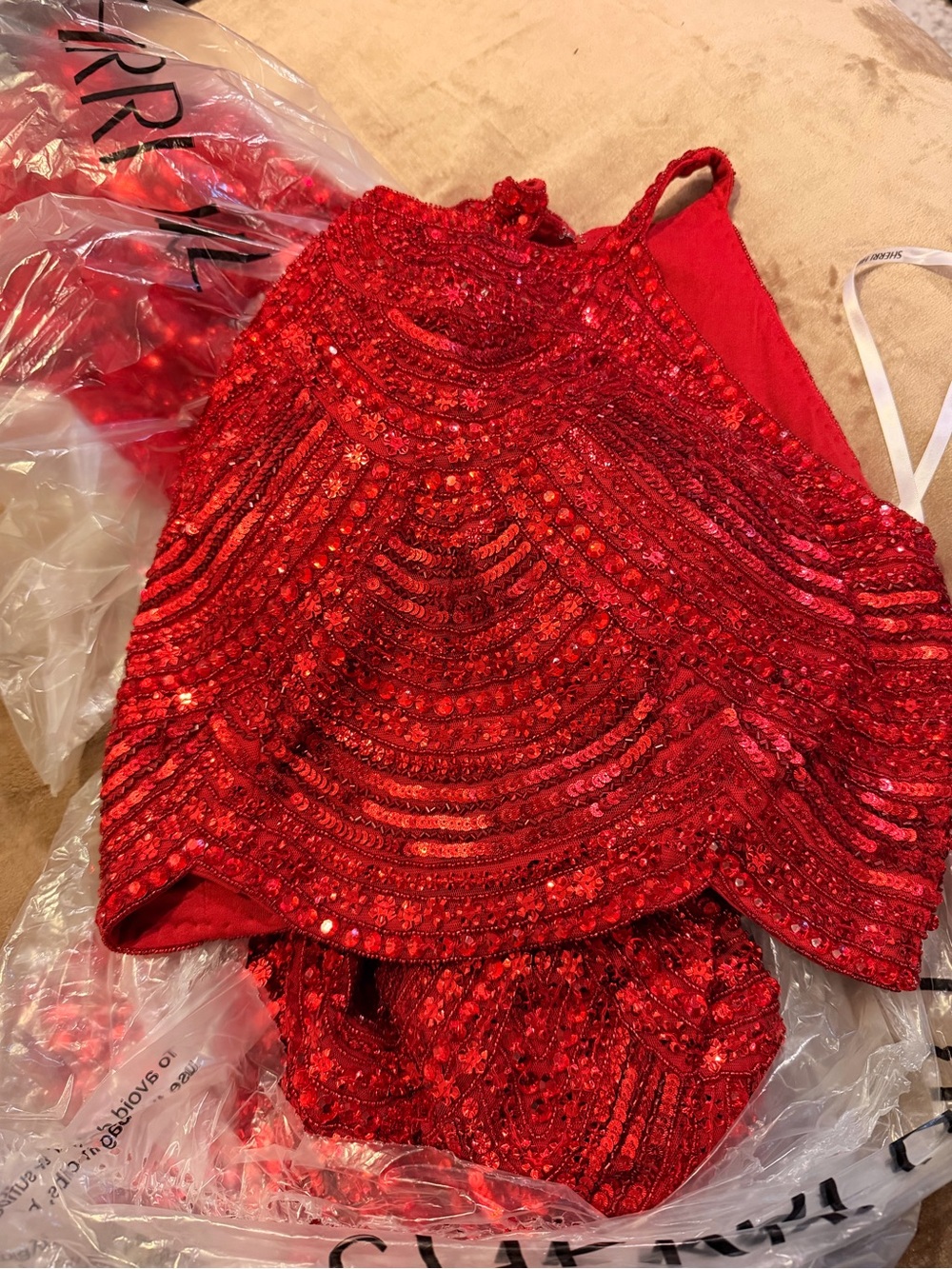 $650 Sherri Hill Scarlet Beaded Two-Piece Halter Gown Dress Set Red 52063 - Picture 5 of 6